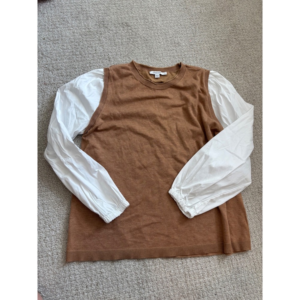 Chico's Mixed Media Sweater Womens 2‎ L Brown White Layered Look Balloon Sleeve